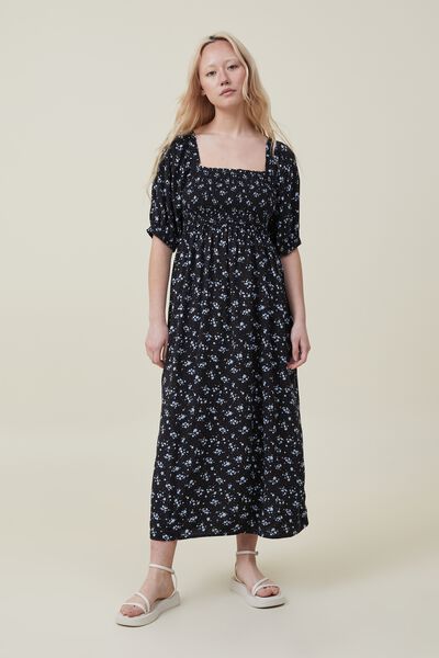 Alexa Puff Sleeve Midi Dress, DAPHINE DITSY BLACK SHORELINE