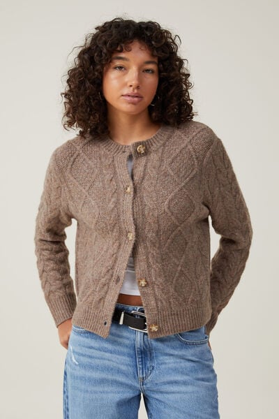 Tricôs - Luxe Cable Crew Cardigan, DESERT BROWN