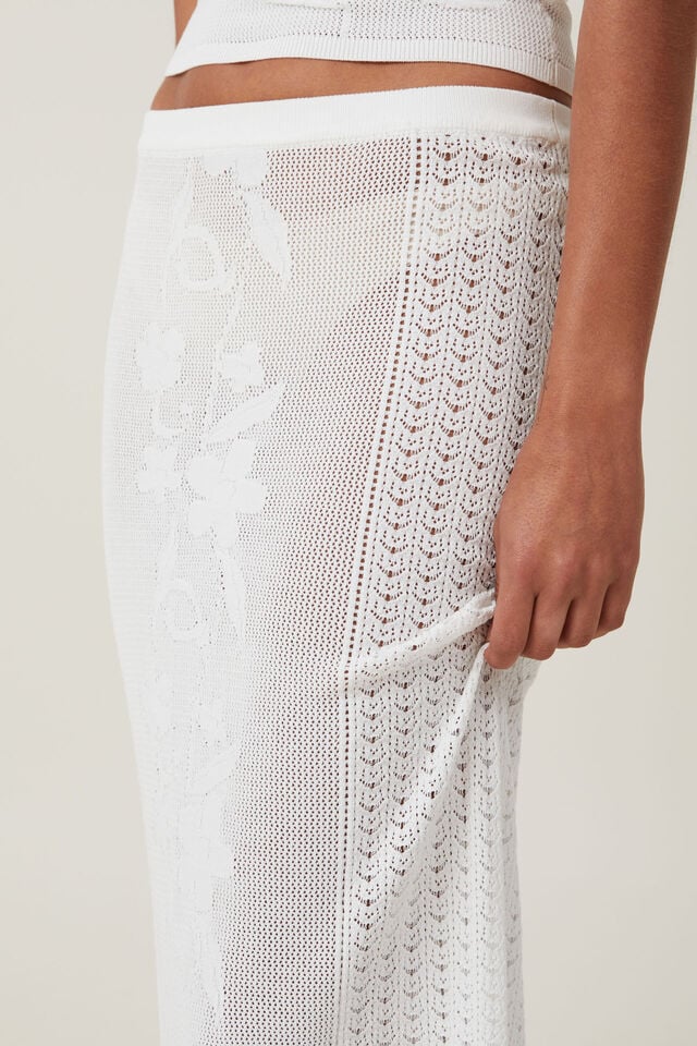 Pressed Flower Sheer Knit Maxi Skirt, WHITE