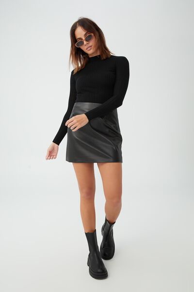 Faux Leather Mini Skirt, BLACK