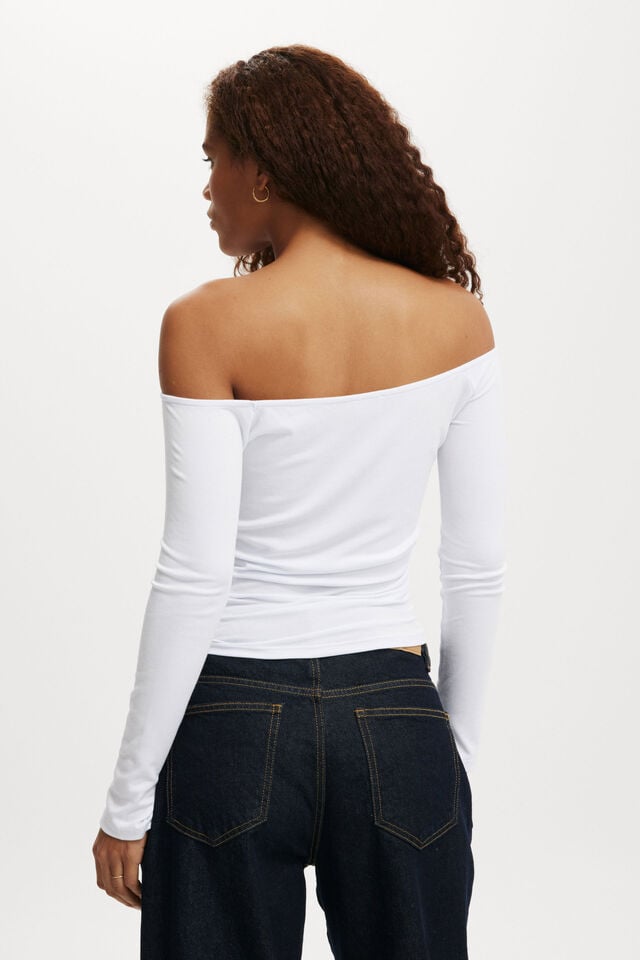 Staple Rib Rouched Off The Shoulder Top, WHITE