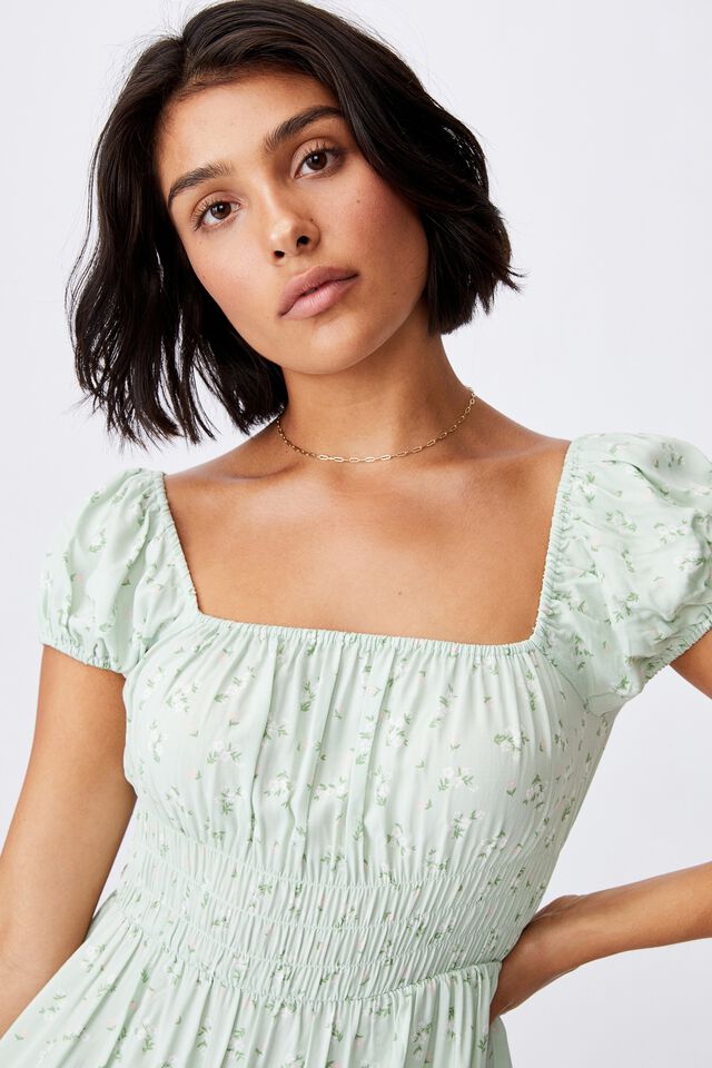 Woven Petite Frankie Puff Sleeve Shirred Fit And F, RIDDLE DITSY SPRING MINT