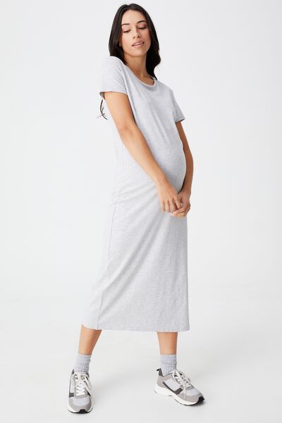 Maternity Short Sleeve Split Midi Dress, LIGHT GREY MARLE