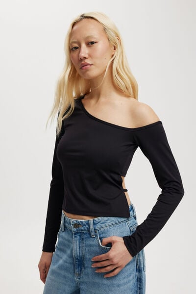 Blair Open Back Long Sleeve Top, BLACK