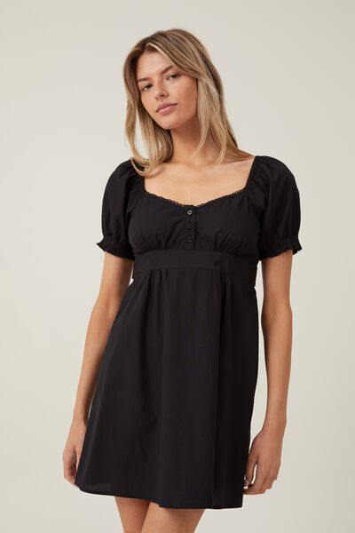 Cotton Puff Sleeve Mini Dress, BLACK