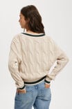 Varsity V-Neck Crop Cable Sweater, STONE PINE GREEN TIPPING - alternate image 3