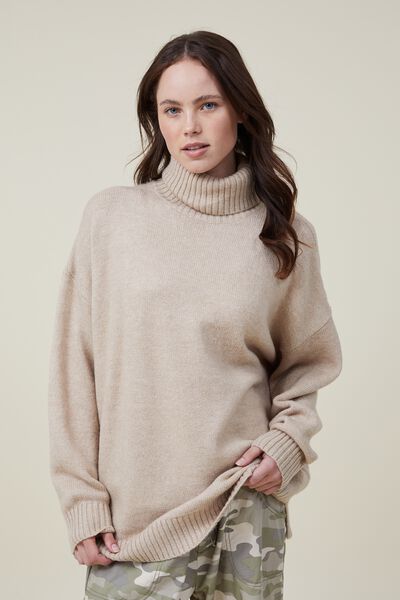 Blondie Oversized Roll Neck Pullover, MID TAUPE MARLE