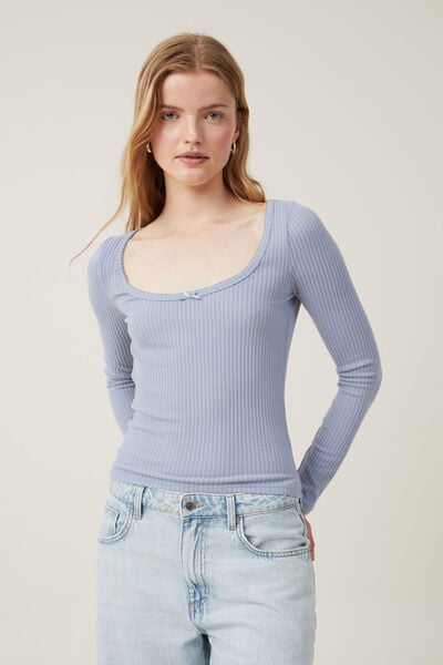 Camiseta - Heidi Picot Trim Long Sleeve Top, CLOUDY BLUE