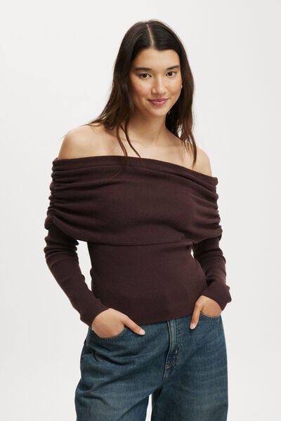 Everfine Rib Ruched Off Shoulder, DARK OAK