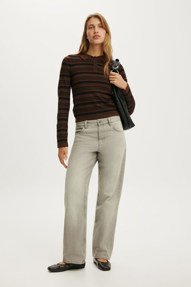 Sara Knit Ls Polo, DARK OAK STRIPE