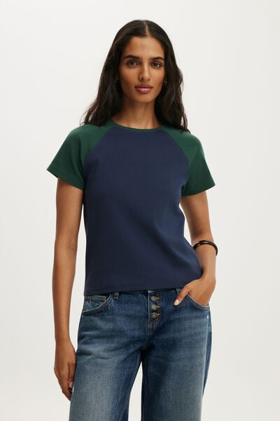 90S Baby Tee, SHADOW NAVY/TREETOP GREEN RAGLAN