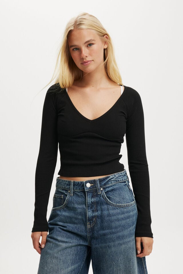 Peyton V Neck Long Sleeve, BLACK