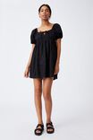 Woven Patty Embroidery Open Back Tea Dress, BLACK EMBROIDERY