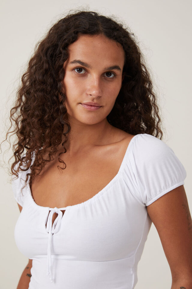 Quinn Tie Front Short Sleeve Top, WHITE
