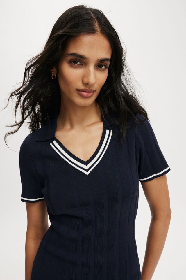 Heritage Knit Polo Mini Dress, NAVY/WHITE