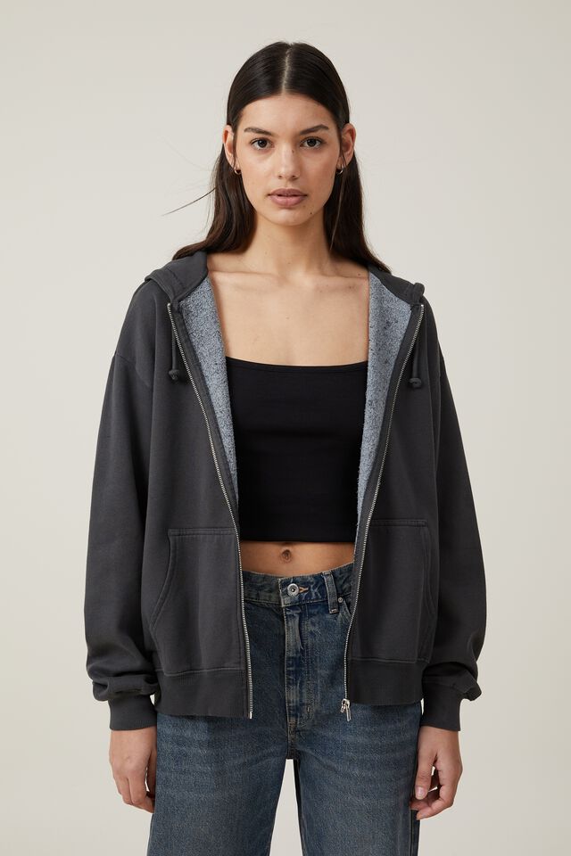 Hoodie, Washed Classic BLACK Zip-Through WASHED