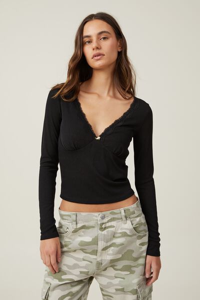 Camiseta - Zena Lace Trim Long Sleeve Top, BLACK