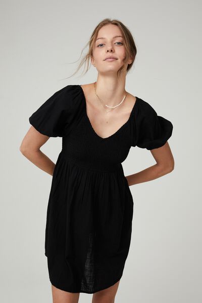 Poppy Shirred Puff Sleeve Mini Dress, BLACK