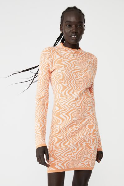 Swirl Knit Mock Neck Long Sleeve Mini Dress, ODESSA OPTICS PINK ORANGE