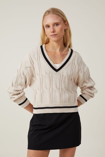 Cable Cotton V-Neck Pullover, STONE/ BLACK
