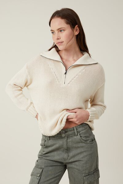 Cotton Half Zip Pullover, PORCELAIN