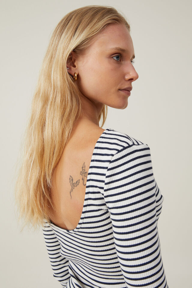 Camiseta - Margot Boat Neck Long Sleeve Top, RONI STRIPE PORCELAIN/INK NAVY