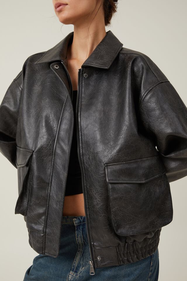 Cotton on Women - Faux Leather Oversized Bomber Jacket - Washed Black