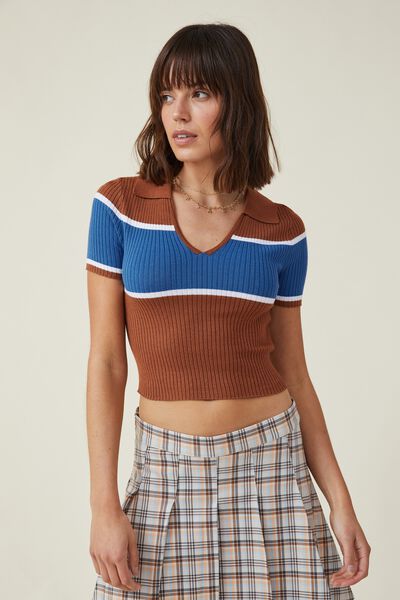 Twiggy Ribbed Short Sleeve Polo, SCHOOL BROWN/CHEST STRIPE