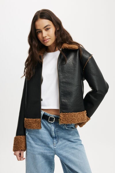 Alfie Faux Leather Sherpa Jacket, BLACK/ BROWN SHERPA