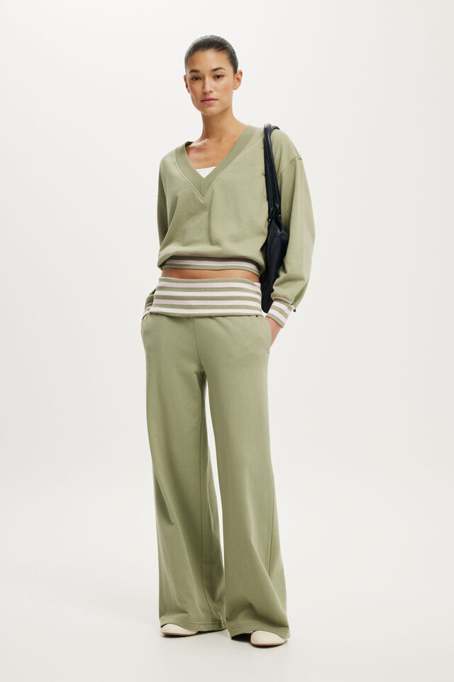 Fold Over Waistband Sweatpant, PALE EUCALYPTUS/STRIPE