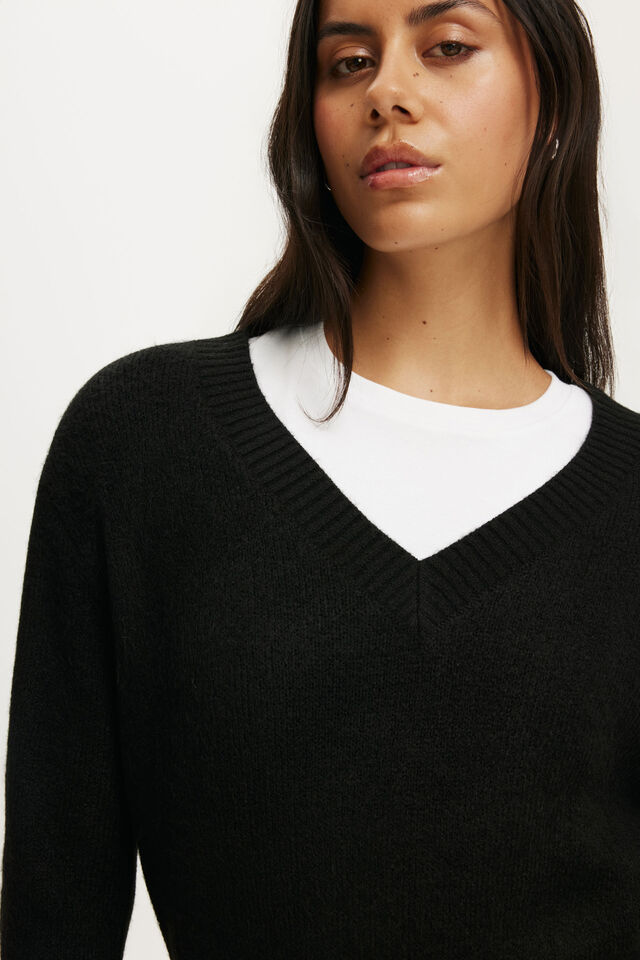Softest Luxe Cinched V Neck Knit, BLACK
