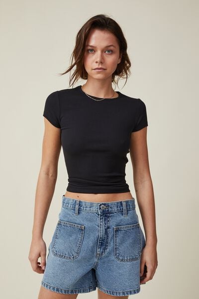 Women Fashion Pure Cropped Tops T-Shirt Half Chest Cute Short Sleeve Cotton  Cami