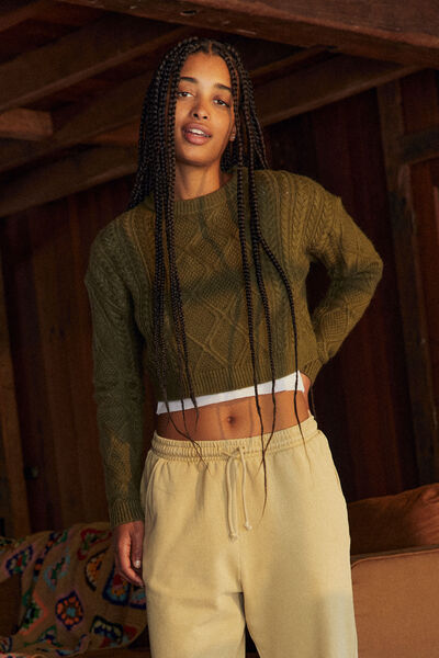 Cable Ultra Crop Pullover, DARK MOSS