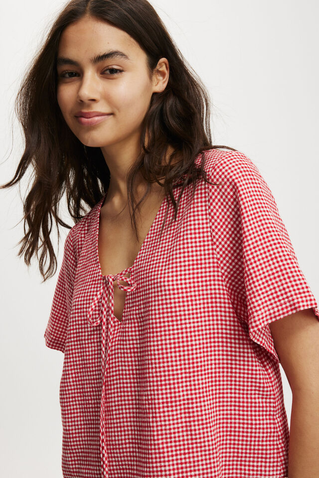 Haven Tie Front Short Sleeve Top, RED GINGHAM