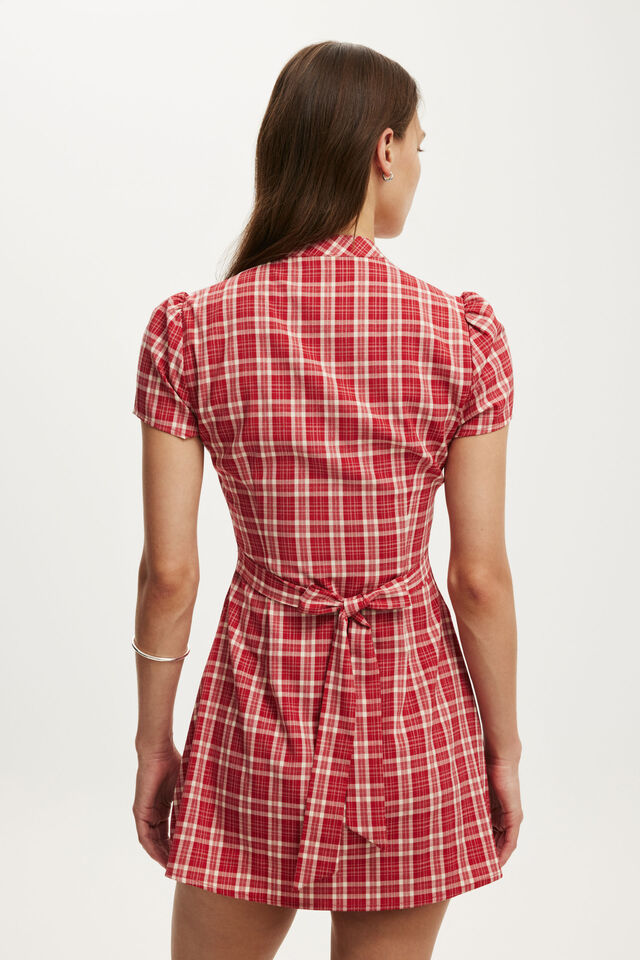 Nikki Button Mini Dress, RED CHECK