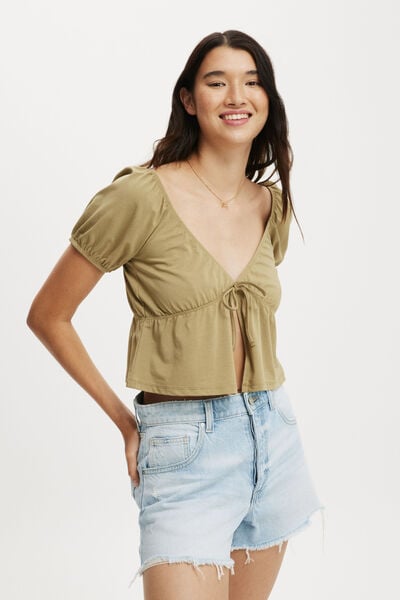 Mila Tie Front Short Sleeve Top, DESERT KHAKI