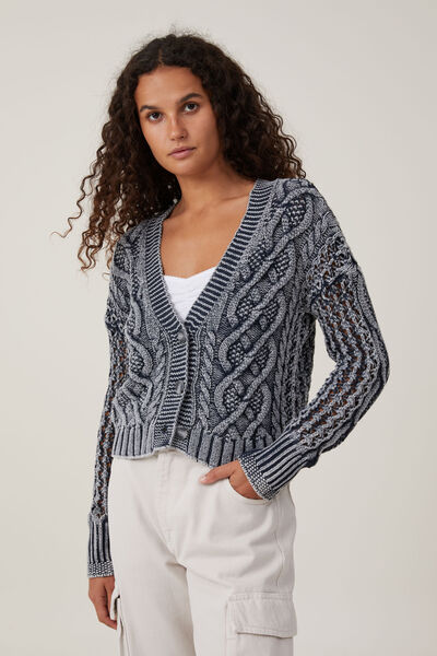 Washed Mid Crop Cable Cardigan, WASHED WINTER NIGHT