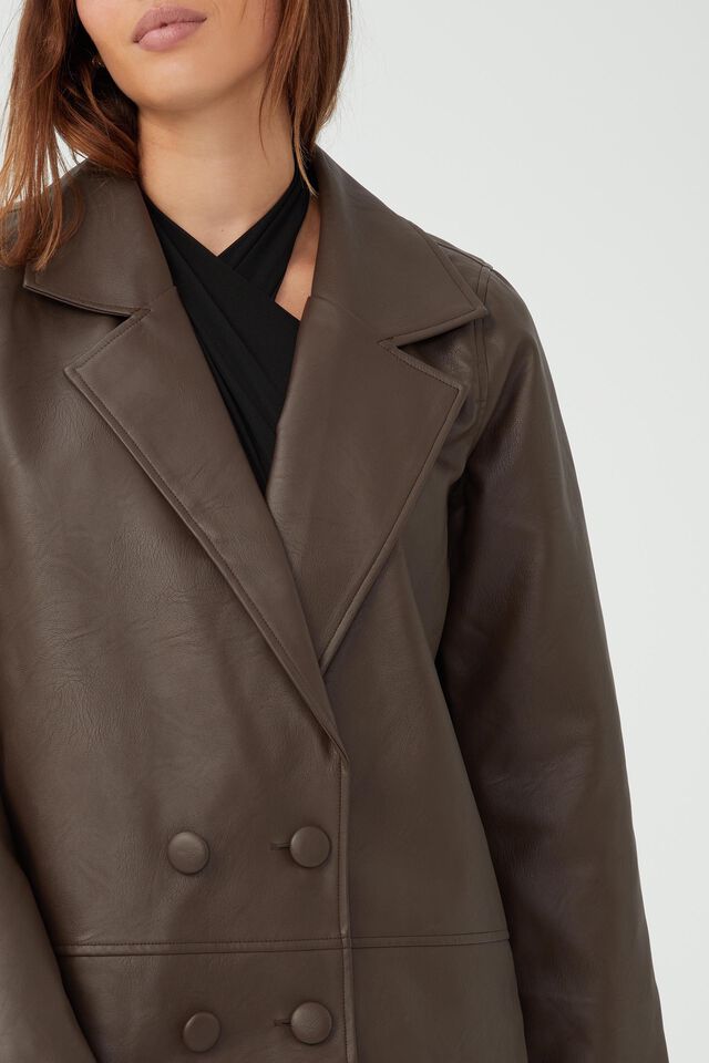 Vegan Leather Coat Jacket, DARK RICH BROWN