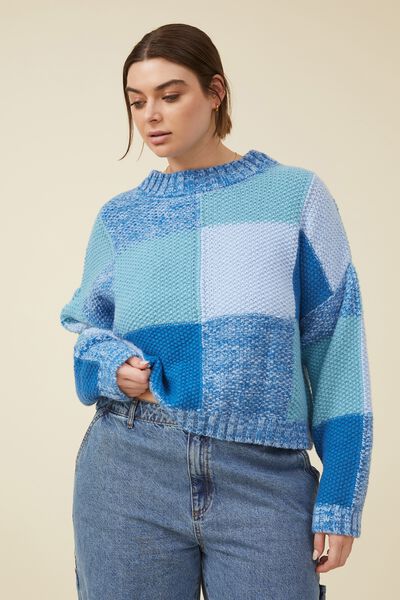 Curve Oversized Patchwork Sweater, BLUES PATCHWORK