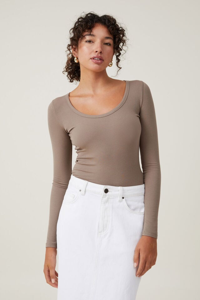 Staple Rib Scoop Neck Long Sleeve Top, RICH TAUPE II