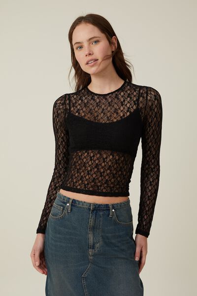 Camiseta - Zoey Lace Long Sleeve Top, BLACK