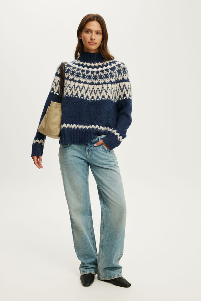 Fairisle Mock Neck Sweater, NAVY FAIRISLE