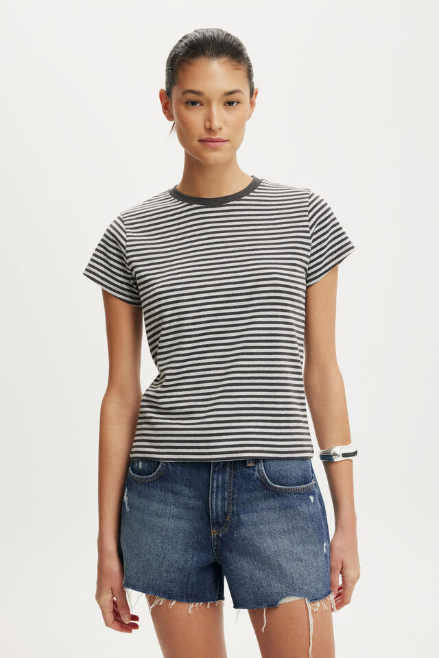 90S Baby Tee, MADI STRIPE GREY MARLE/ DARK GREY MARLE