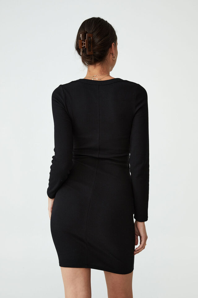 Vestido - Rib Long Sleeve Mini Dress, BLACK