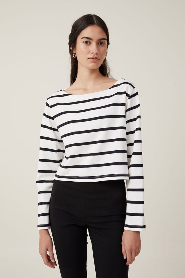 Jordyn Boat Neck Chopped Long Sleeve Top, RYAN STRIPE NATURAL WHITE/BLACK