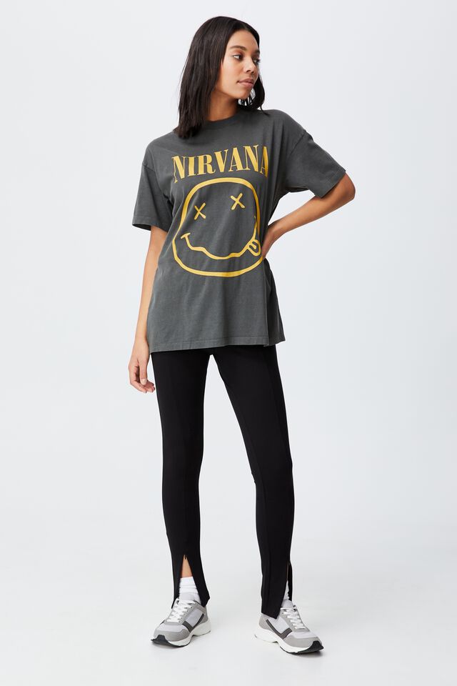 Boyfriend Fit Graphic License Tee, LCN LN NIRVANA YELLOW SMILEY WASHED/SLATE GRE