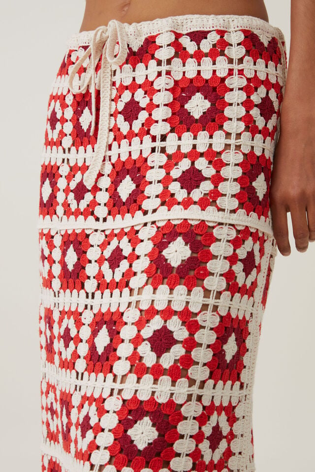 Crochet Knit Maxi Skirt, ECRU/ SUMMER RED