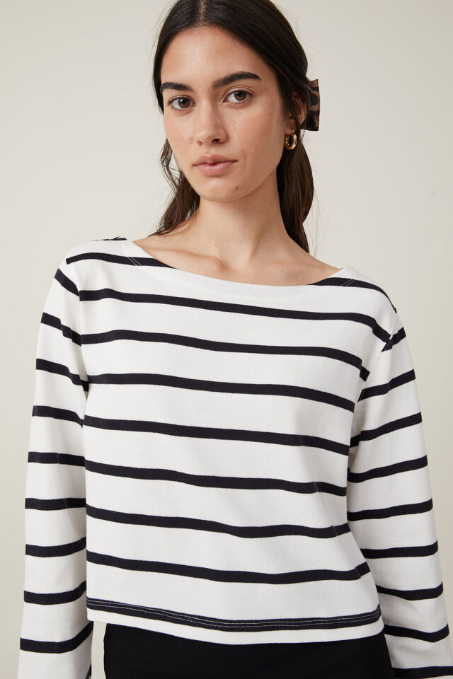 Jordyn Boat Neck Chopped Long Sleeve Top, RYAN STRIPE NATURAL WHITE/BLACK