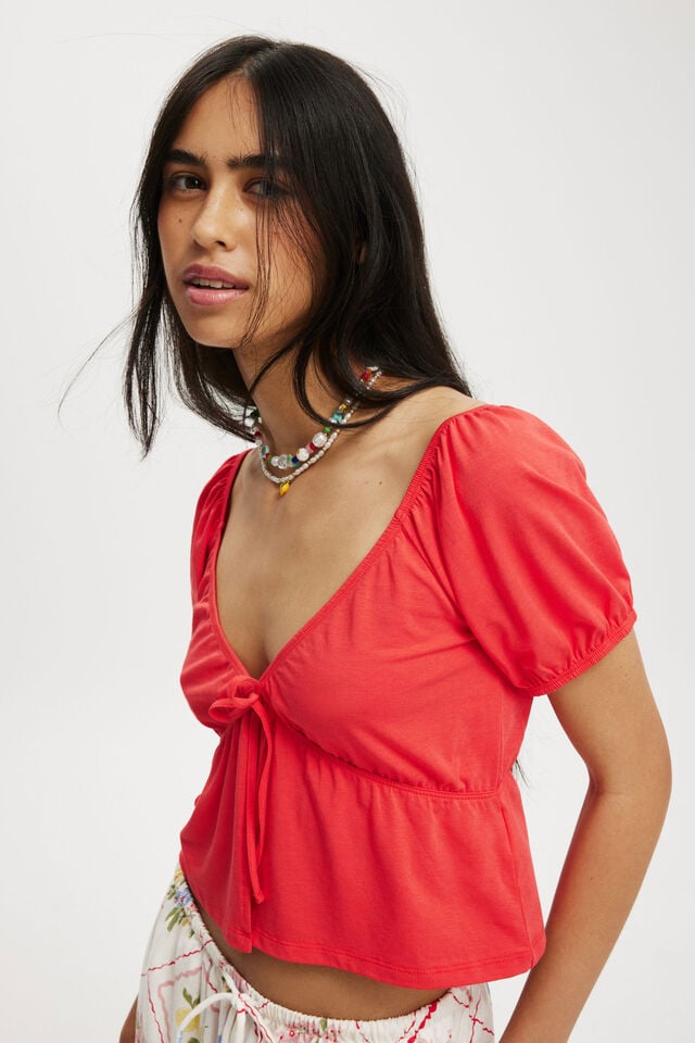 Mila Tie Front Short Sleeve Top, SUMMER RED