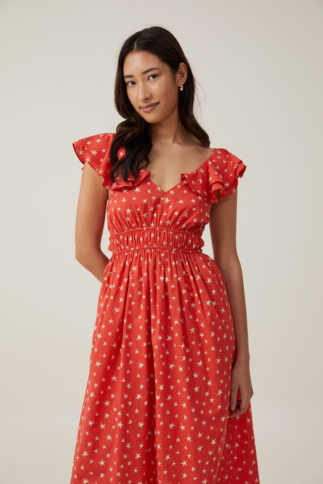 Ruffle Sleeve Maxi Dress, STARBURST SUMMER RED
